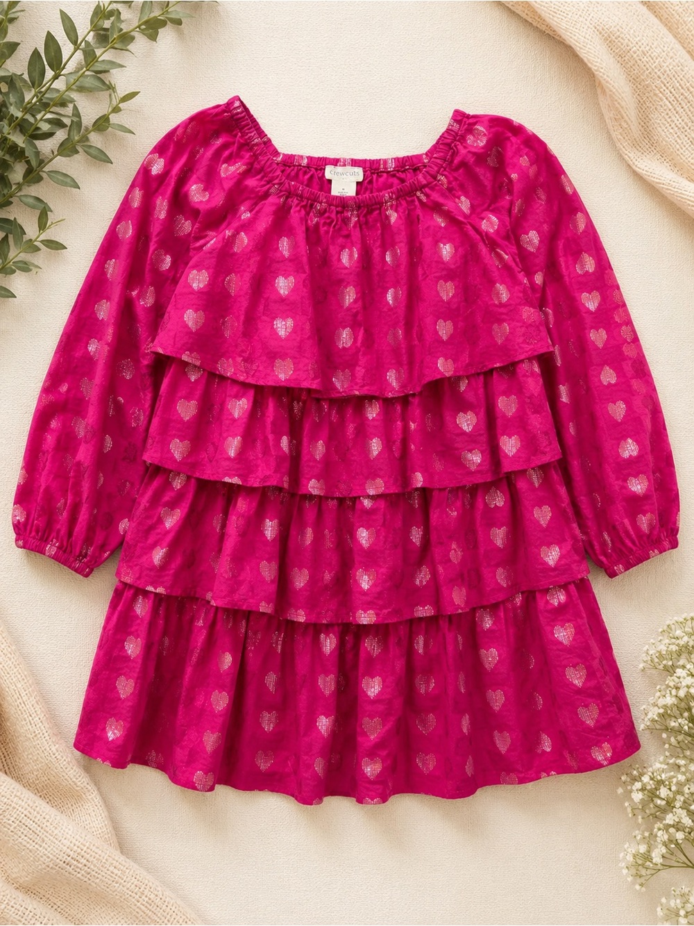 NWT Crewcuts by J.Crew Fuchsia Tiered Ruffle Dress with Metallic Heart Print